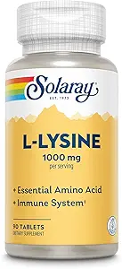 SOLARAY L Lysine - Aminoácidos Esenciales de Formo Libre - Suplemento de Soporte Inmune con 1000mg L-Lysine, 1000mg Vitamina C y 25 mg Zinc Chelated - Lab Verificado, Garantía de 60 días, 30 Serviciones, 90 Tablas