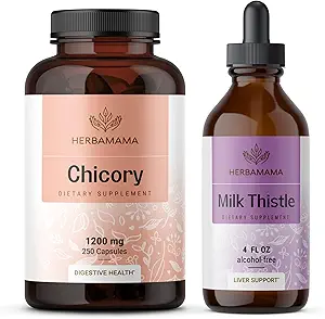 HerBAMAMA Chicory and Milk Thistle Kit - Bundle of 1200 mg Chicory Root Capsules " Milk Thistle Tincture 4 fl oz - Vegan, Non-GMO, Sugar " Alcohol-Free - 2 Pack