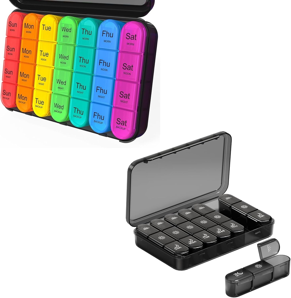 Organizador de píldoras Daviky 4 veces al día - Organizador de píldoras 3X al día, caja de píldoras 7 día, gran caso de medicina semanal para viajar con contenedores extraíbles para mantener vitaminas, suplementos y medicamentos diarios