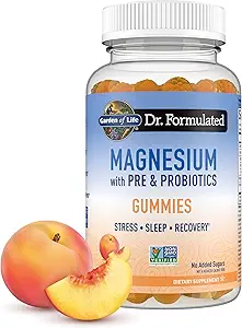 Jardin de Vida Magnesio Citrato Suplemento Gummies con Prebióticos &amp; Probióticos para Estrés, Dormir &amp; Recuperación - Vegan, Gluten Gratis, Kosher, No GMO, No Añadido Azúcares, Peach Flavor, 60 Conde