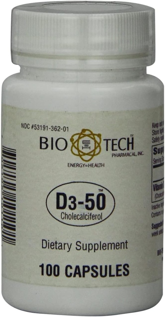 Bio-Tech Pharmacal D3-50 50.000 UI, 100 cápsulas Ð Suplemento natural Ð Soportes Bone, Heart Neuromuscular, &amp; Immune Health Đ No Dairy, Fish, Gluten, Peanut, Shellfish, &amp; Soy
