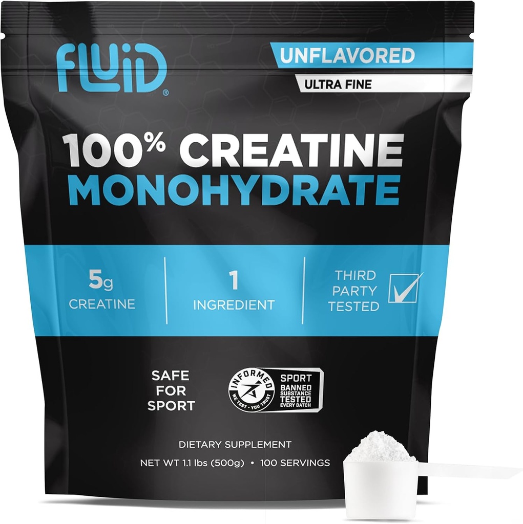 Cretina Fluida - 100% Cretina Monohydrate Polvo, Desenflavorado, Deporte informado certificado, 5g por Serving (100 Servimientos)