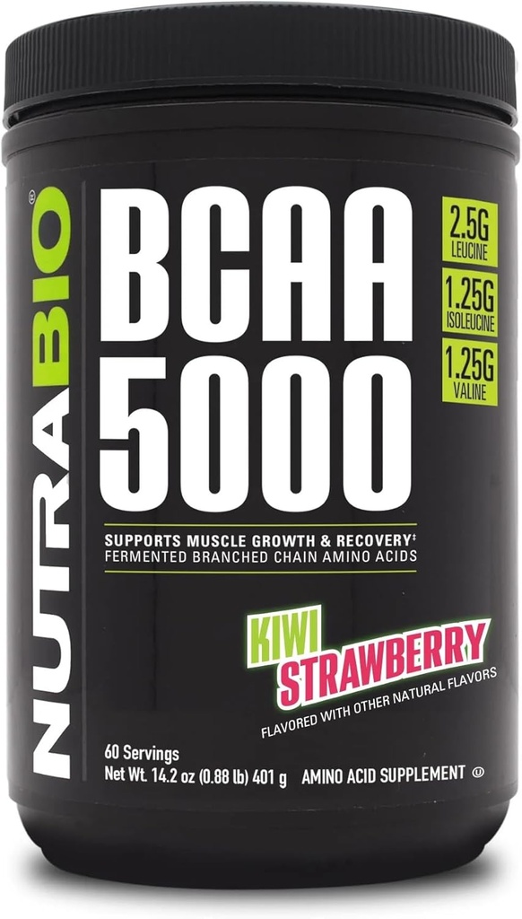 NutraBio BCAA 5000 Powder - Vegan Fermented BCAAs - Apoya Lean Muscle Growth, Recovery, Endurance - 60 Servings - Kiwi Strawberry