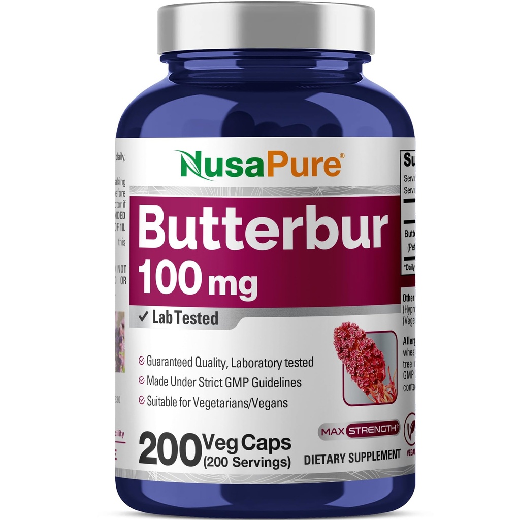 NusaPure Butterbur Extracto 100mg por caps 200 Veggie Capsules (No-GMO, Vegetariano, Vegan)