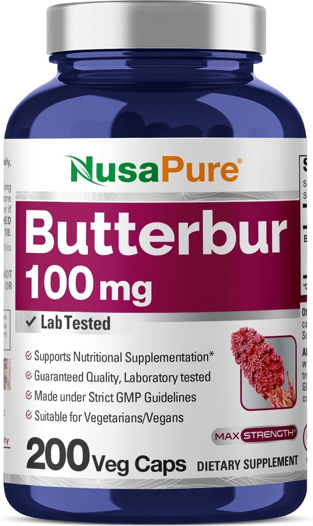 NusaPure Butterbur Extracto 100mg por caps 200 Veggie Capsules (No-GMO, Vegetariano, Vegan)