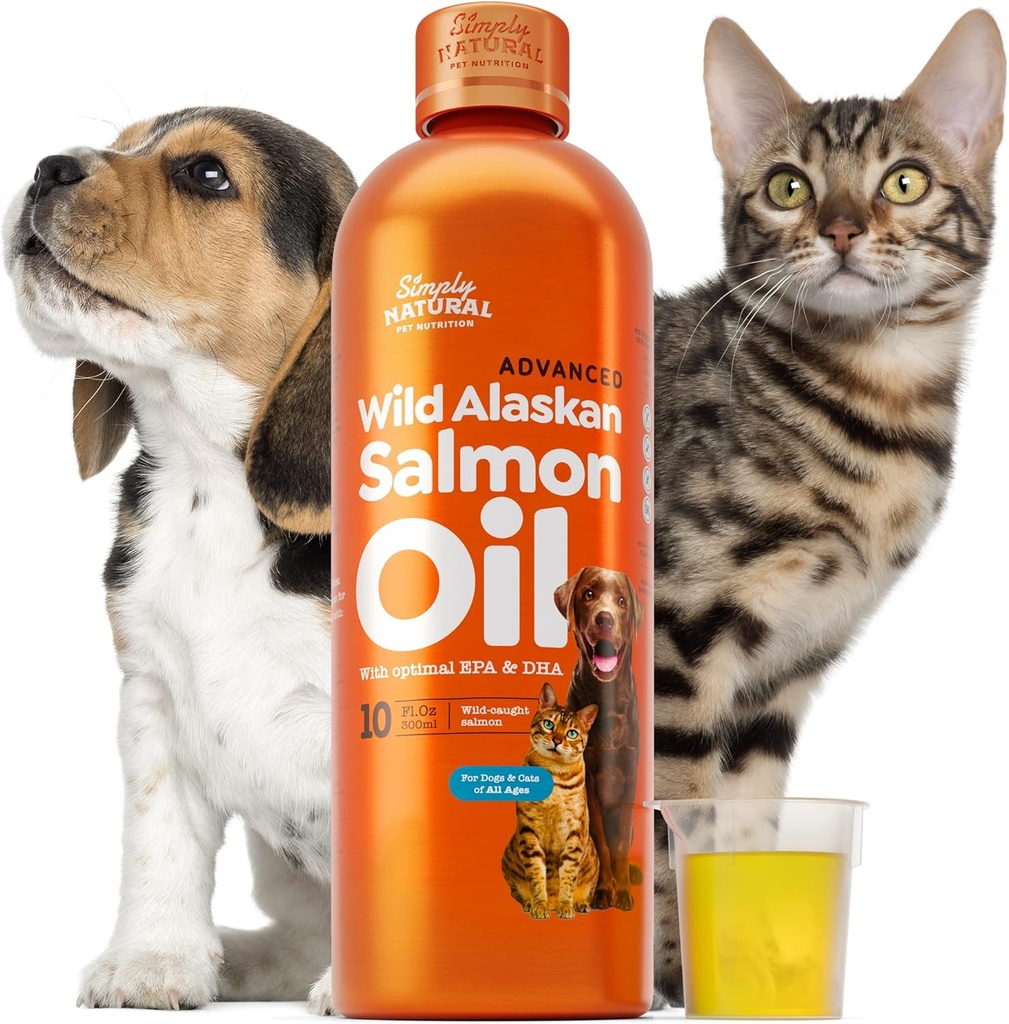 Aceite de salmón para perros y gatos, aceite de salmón de Alaska silvestre para perros de piel, carne y junta, Omega 3 aceite de pescado, perros y gatos Apoyo del sistema, Epa y Dha, 300 ml suplemento de cama de perro