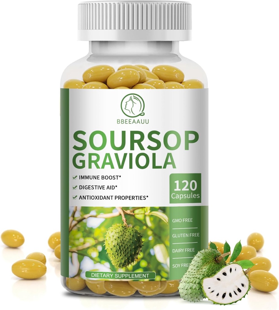 Soursop Graviola Capsules with Kelp, for Cell Regeneration, Enhances Immunity, Digestive Support, Antioxidant Properties, Gluten Free, Non GMO, Vegan, 120 Condes