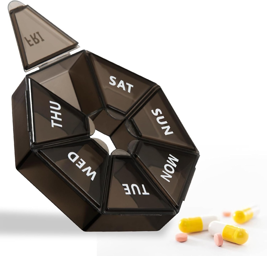 7 días organizador semanal de píldoras grandes - caja de píldoras para viajar - dispensador para aceite de pescado, suplementos, vitaminas, portador de medicina (negro)