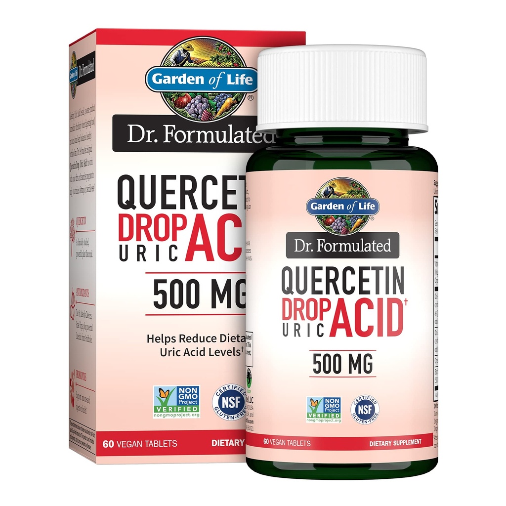 Garden of Life Quercetin Probiotic " Uric Acid Support with Tart Cherry, Vitamina C de Acerola Orgánica y Rosa HIPS Plus Luteolin – Dr Formulado – Gluten Free and Non GMO – 60 Tablets