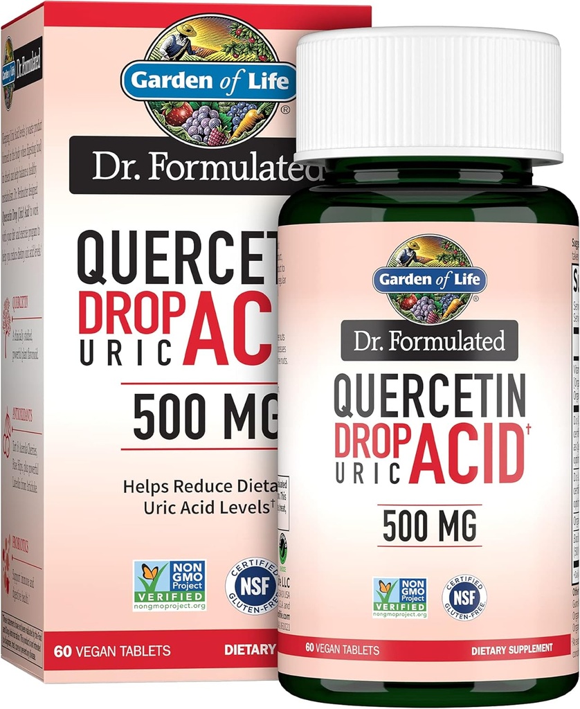 Garden of Life Quercetin Probiotic " Uric Acid Support with Tart Cherry, Vitamina C de Acerola Orgánica y Rosa HIPS Plus Luteolin – Dr Formulado – Gluten Free and Non GMO – 60 Tablets