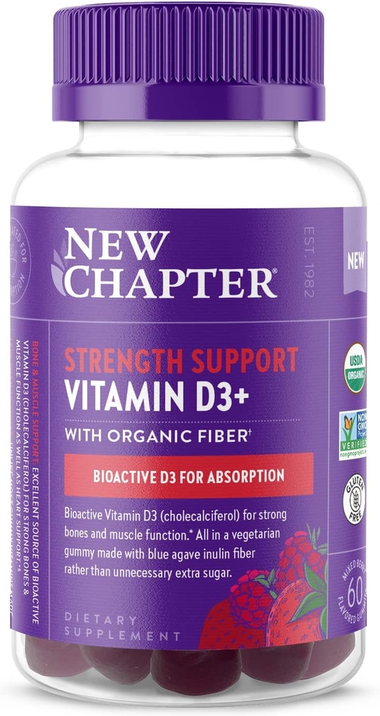 Nuevo Capítulo Vitamina Orgánica D3+ Gummies – 52% Menos Azúcar§, 1.000 UI USDA Vitamina Orgánica D, UNA Gummy Diaria para Función de Huesos Fuertes &amp; Función Musculo, No Gluten Gratis, Berry Mixed Flavored, 60ct