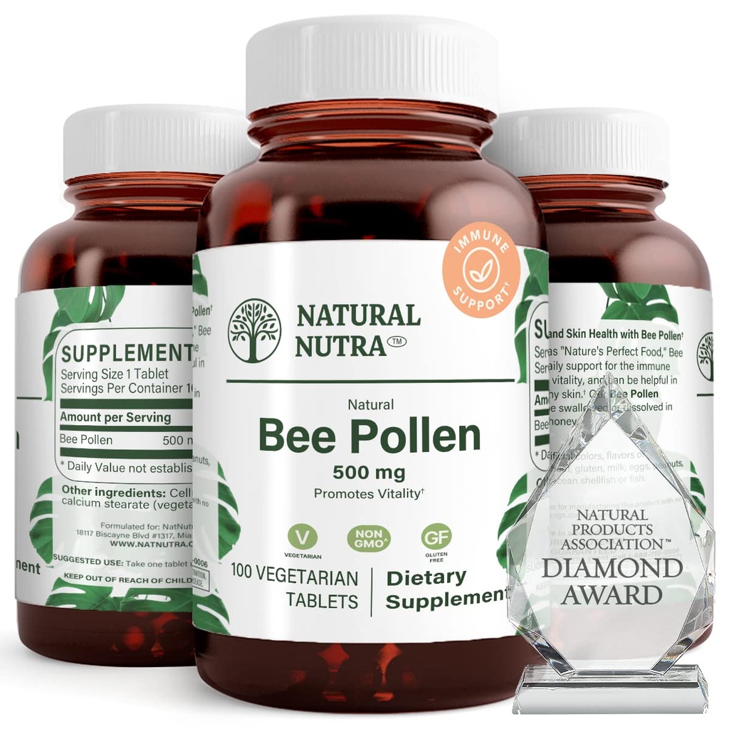 Natural Nutra Bee Pollen 500 mg, ayuda a promover Vitalidad y Sistema Inmunitario, mejorar la salud general, ayuda a mejorar la resistencia corporal, 100 tabletas