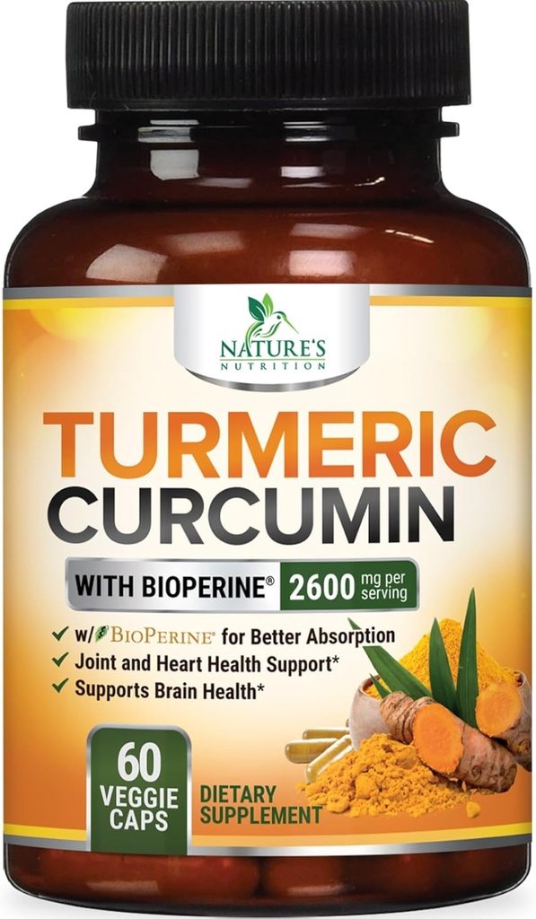 Curcumin Turmeric Suplemento 2600mg - 95% Curcuminoides con Turmeric Orgánica " BioPerine Black Pepper Extract for Best Absorption, Natural Vegan Joint Support, Non-GMO, Bottled in USA - 60 cápsulas