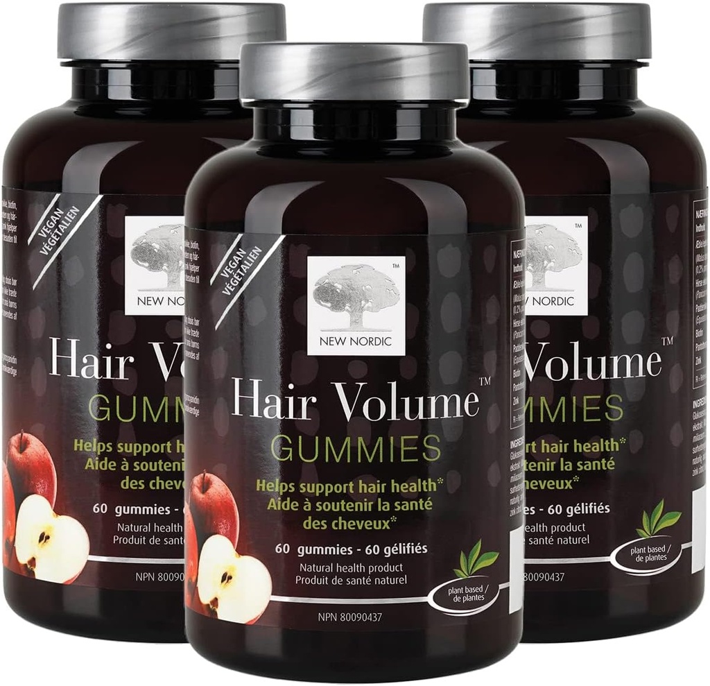NUEVAS NORDIC Hair Volume Gummies, 2500 mcg Biotin, Daily Hair Vitamins Suplemento para apoyar la piel del cabello &amp; uñas, Vegan, 60 Cuenta (Pack of 3)