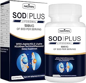 Superoxide Trasmutase Suplemento 500mg - SOD Además con glutatión liposomal, AKG, Té Verde Extracto, L-Arginina, Lysine, Resveratrol y Vitamina E para soporte inmunológico, Antioxidante 60 cápsulas