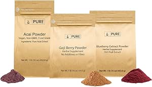 PURE ORIGINAL INGREDIENTES Berry Powder Bundle, (1 lb cada uno) Acai Powder, Goji Berry Powder, Blueberry Powder, Herbal Supplements
