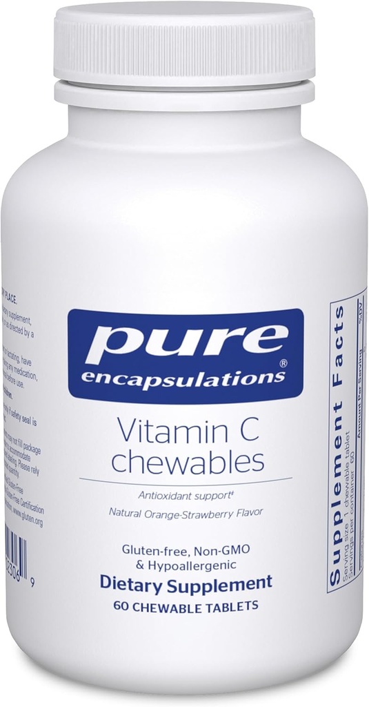 Encapsulaciones puras Vitamina C Chewables ← Apoyo para la Función Inmunitaria Saludable y Soporte Antioxidante* TEN 60 Tabletas Chewable TEN Natural Orange-Strawberry Flavor