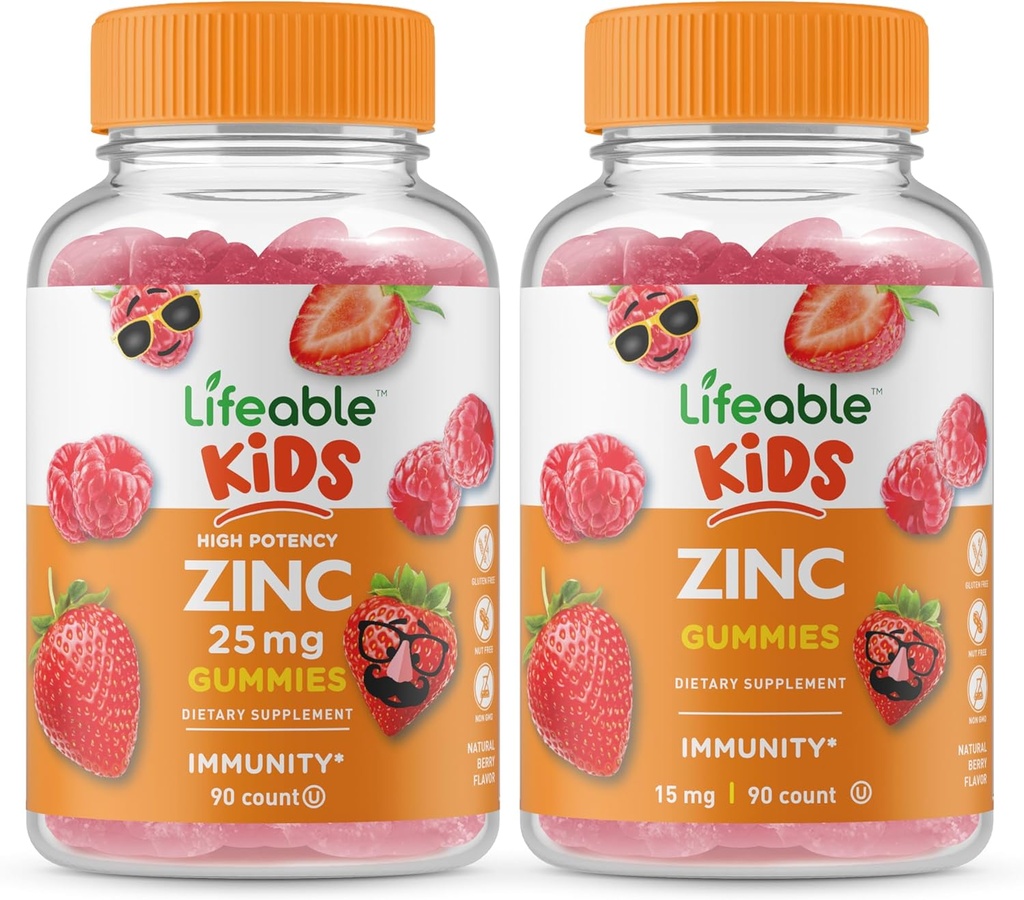 Zinc 25mg Niños + Zinc Kids, Gummies Bundle - Gran Tasting, Suplemento de vitaminas, Gluten Gratis, GMO Gratis, Chewable Gummy