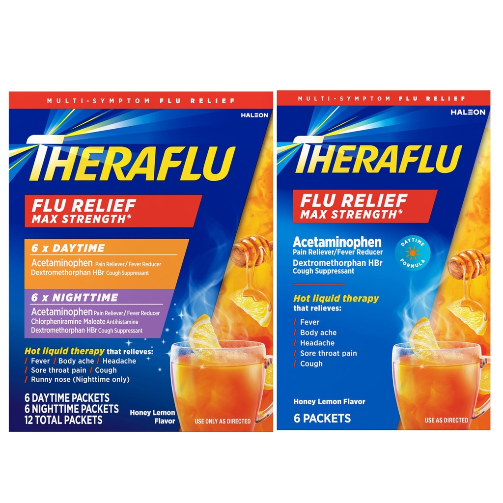 Theraflu Max Strength Daytime & Nighttime Flu Symptom Relief Honey Lemon Flavor Powder & Daytime Flu Symptom Relief Honey Lemon Powder, 6 Daytime + 6 Nighttime, & 6 Honey Lemon Flavor Powder Packets
