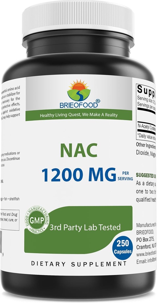 Brieofood NAC Suplemento N-Acetil Cysteine 1200 mg por Servir 250 cápsulas - Suplemento de Apoyo Inmunitario