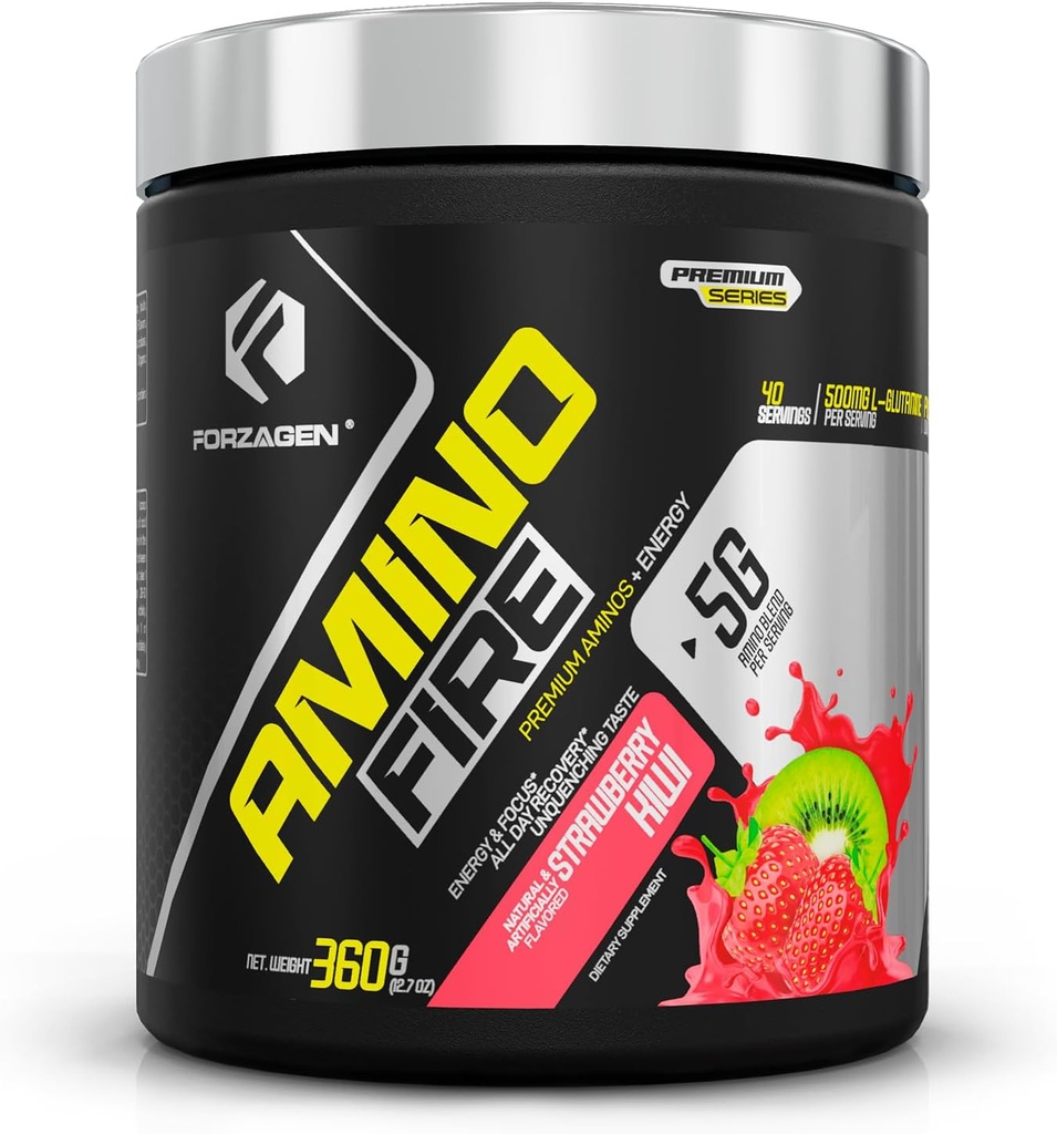 Forzagen Amino Fire ← Esencial Amino Energy Powder para Pre-Workout ¦ BCAA Energy Boost &amp; Muscle Recovery Drink Mix, Enhance Focus " Concentration, Dietary Supplement TEN Strawberry Kiwi, 40 Servings
