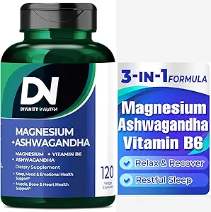 Divinidad Nutra Magnesium Ashwagandha Suplemento, Magnesio calmante Glycinate &amp; Malate Vitamina B6 para músculos Bone Health Support Muscle Recovery, Calma &amp; Relax 468mg 120 ct (2 Month Supply)