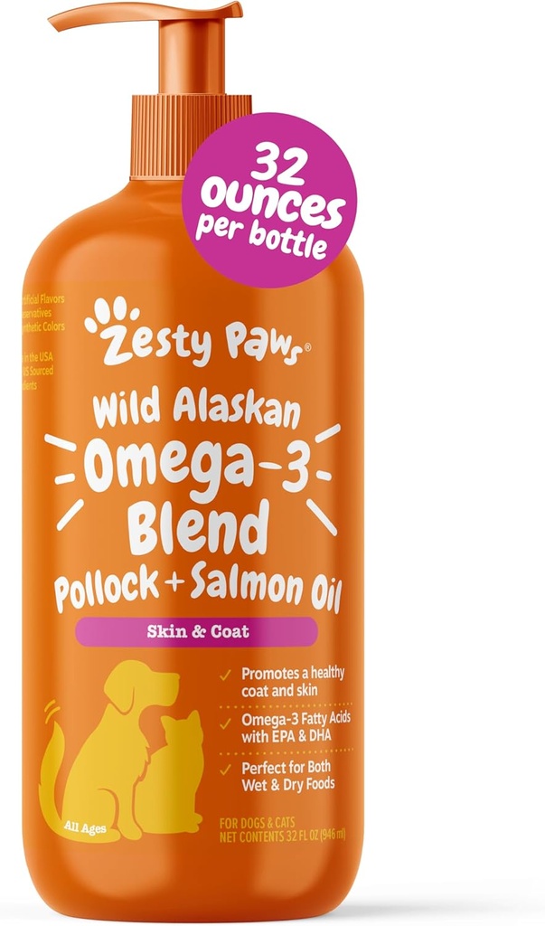Zesty Paws Wild Alaskan Omega-3 Blend Pollock + Salmon Oil for Dogs and Cats- Skin and Coat Support, Omega 3 Suplemento para mascotas, 32oz