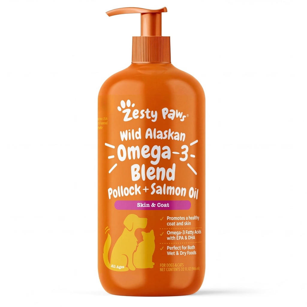 Zesty Paws Wild Alaskan Omega-3 Blend Pollock + Salmon Oil for Dogs and Cats- Skin and Coat Support, Omega 3 Supplement for Pets, 32oz
