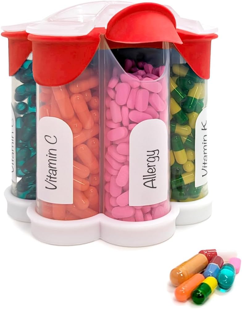 Organizador extra grande de píldoras diarias, semanales, suplemento mensual botella, dispensador de píldoras Cute Blossom con 7 compartimientos XL, caja de píldoras fácil de abrir para vitaminas, medicamentos, etiquetas incluidas