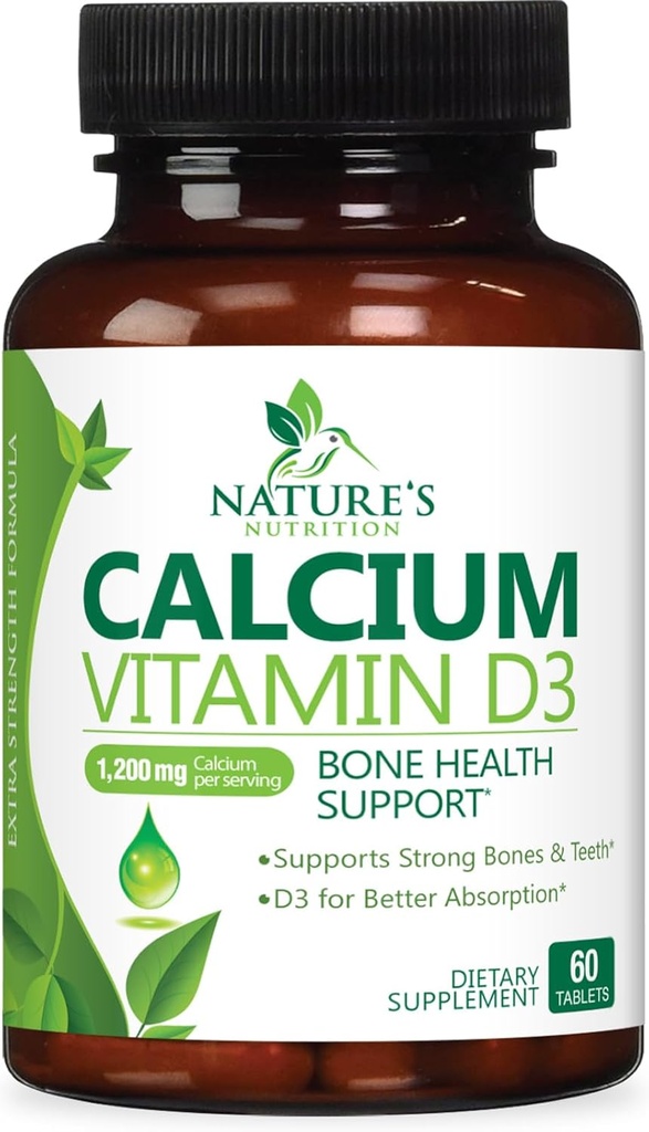 Suplemento de calcio 1200 mg - con vitamina D3 para la mejor absorción - apoya la salud inmunitaria, los huesos y los dientes - Carbonato de calcio de la naturaleza + 1600 UI de D3 - embotellado en EE.UU. para hombres de mujeres - 60 tabletas