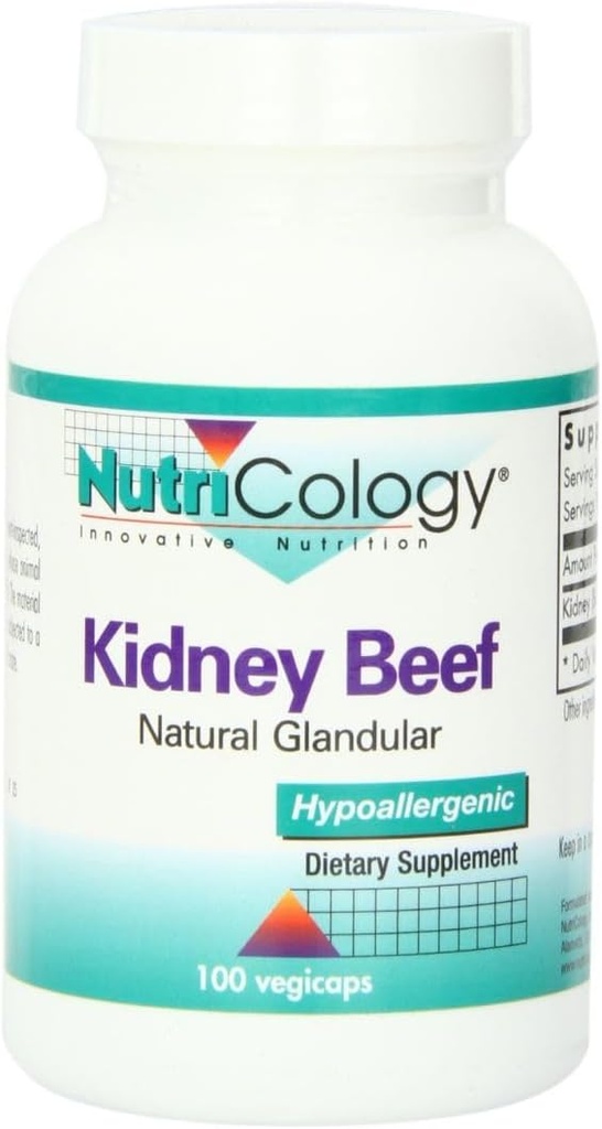 Nutricology Kidney Beef Supplement - Natural Glandular, Freeze-Dried, Bovine, Lyophilized, Beef Organ, 500mg Vegetarian Capsules - 100 Conde