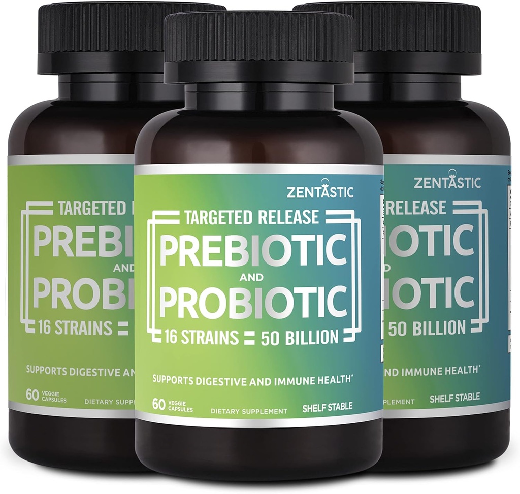 Zentastic Probiotics & Prebiotics Supplement - 50 Billion CFU - for Men &amp; Women’s Immune & Digestive Health - 16 Strains - Shelf Stable - 180 Delayed Release Veggie Capsules