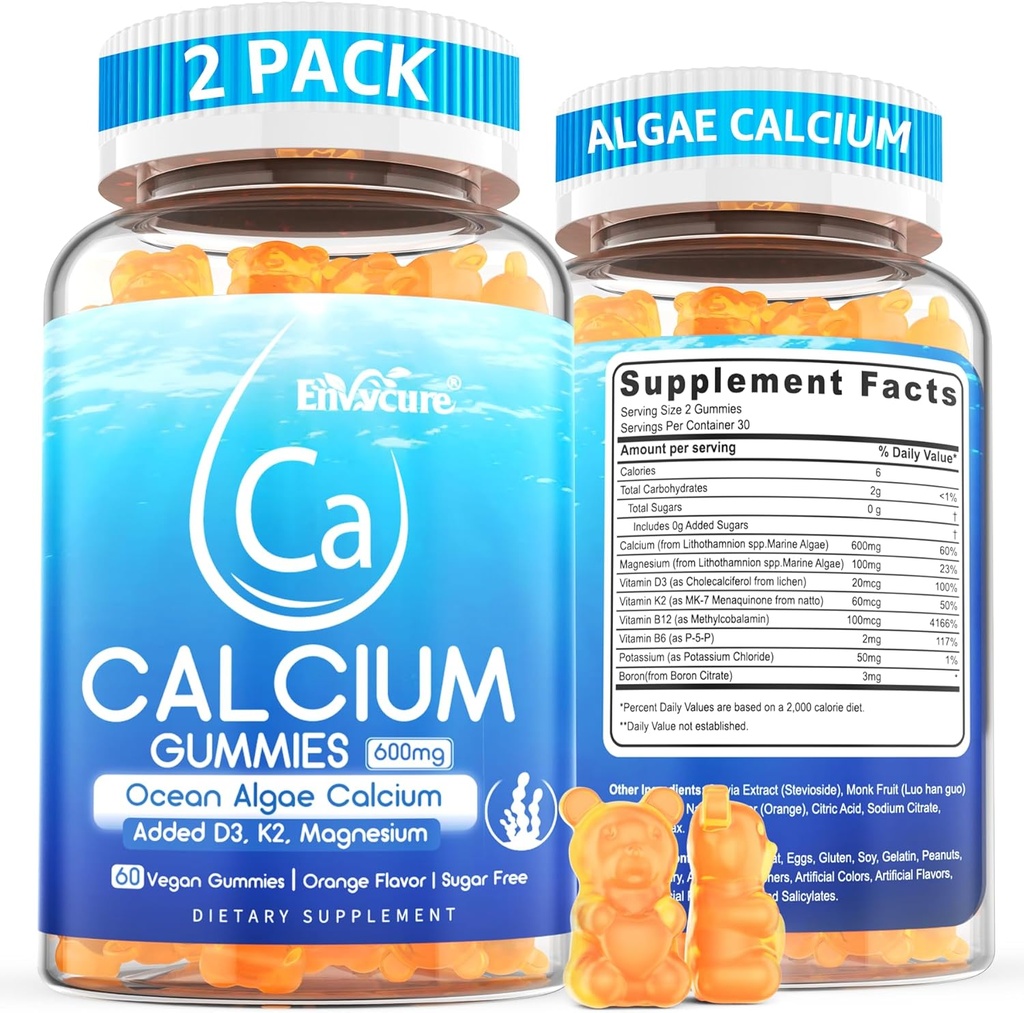 Calcio Gummies 600mg - Suplemento Calcio para Mujeres, Ocean Algae Calcio tóxico Vitamina D3, K2, Magnesio tención para Bone Strength, Muscle & Immnue Silenciosos Algae Calcium, 70+ Mineral, Vegan,2PACK