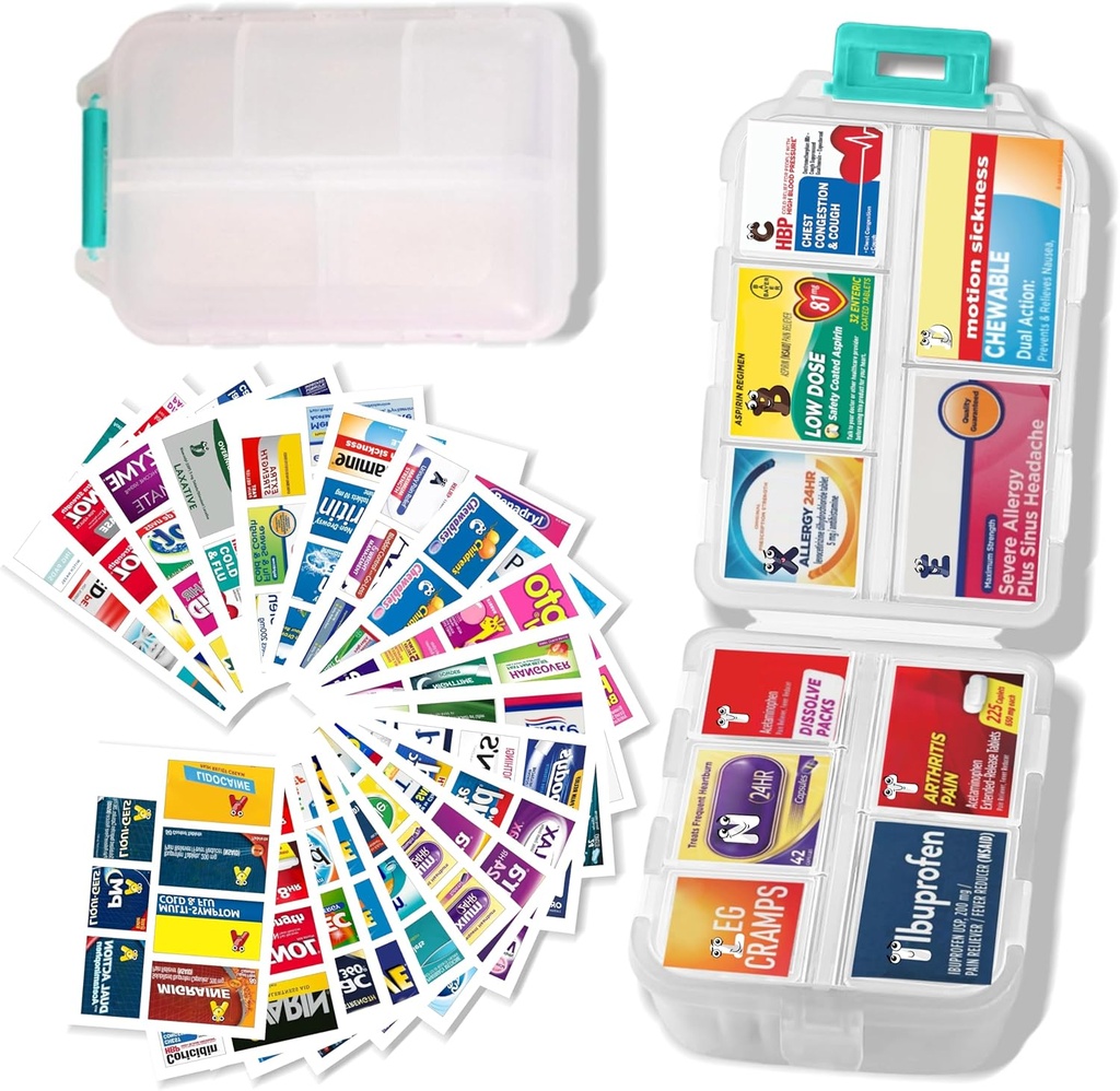 Gran organizador de píldoras con etiquetas de medicina - 7 días de viaje diario contenedor, mini caso de almacenamiento de medicamentos (White, 161 etiquetas)