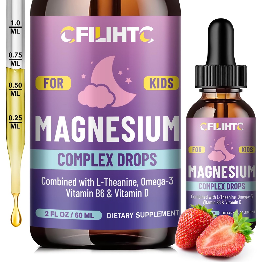 Niños Magnesium Liquid Drops-Magnesium Glycinate Liquid for Kids Supplement-w/L-theanine, Omega-3, Vitamina B6, D3 - para el sueño, relajación, cerebro, huesos - 2 Fl Oz Calma infantil, sabor a fresa