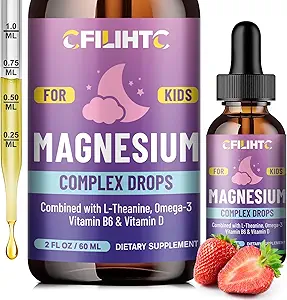 Niños Magnesium Liquid Drops-Magnesium Glycinate Liquid for Kids Supplement-w/L-theanine, Omega-3, Vitamina B6, D3 - para el sueño, relajación, cerebro, huesos - 2 Fl Oz Calma infantil, sabor a fresa