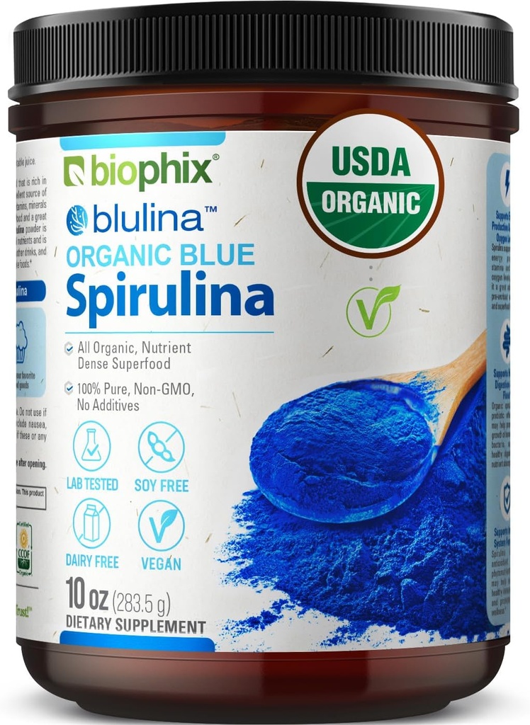biofix Blue Spirulina Powder Organic Blulina 10 oz - Algae Organic Spirulina Powder 283 Servings - Suplemento Superfood - Natural Blue Pigment - Espirulina en Polvo Organica Pura Azul