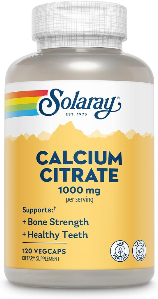 Solaray Calcium Citrate 1000mg - Suplemento de calcio Chelated - Soportes Bono Fuerza y dientes saludables - Fácil de digerir - Garantía de 60 días, Vegan - 30 Servimientos, 120 VegCaps