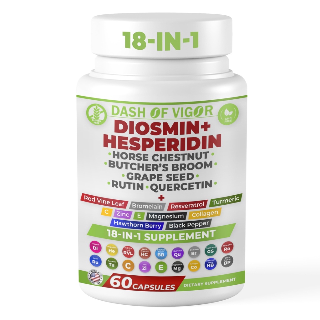Dash of Vigor 18-in-1 Diosmin Hesperidin Suplemento, Quercetina con Bromelaina, Zinc, Vitamina C con suplemento de Rutina, Extracto de Castaña de Caballo, Extracto de la Escoba de Carnicero, USA, 60 cápsulas