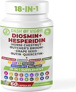 Dash of Vigor 18-in-1 Diosmin Hesperidin Suplemento, Quercetina con Bromelaina, Zinc, Vitamina C con suplemento de Rutina, Extracto de Castaña de Caballo, Extracto de la Escoba de Carnicero, USA, 60 cápsulas