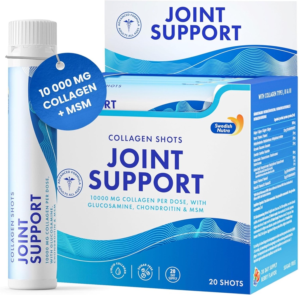 Nutra sueco - Soporte Conjunto Zapatos I 10,000 mg Collagen Tipo I, II & III I Glucosamina, MSM, Condroitina, Turmeric I 100% Natural Flavour I Libre de azúcar - 20 Zapatos por caja