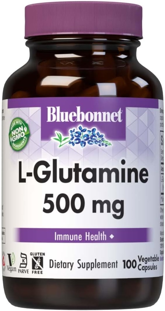 Bluebonnet Nutrition L-Glutamine 500mg, Supports Immune Function*, Nitrogen Transporter*, Soy-Free, Gluten-Free, Non-GMO, Kosher Certified, Vegan, 100 Vegetable Capsules, 100 Servidores