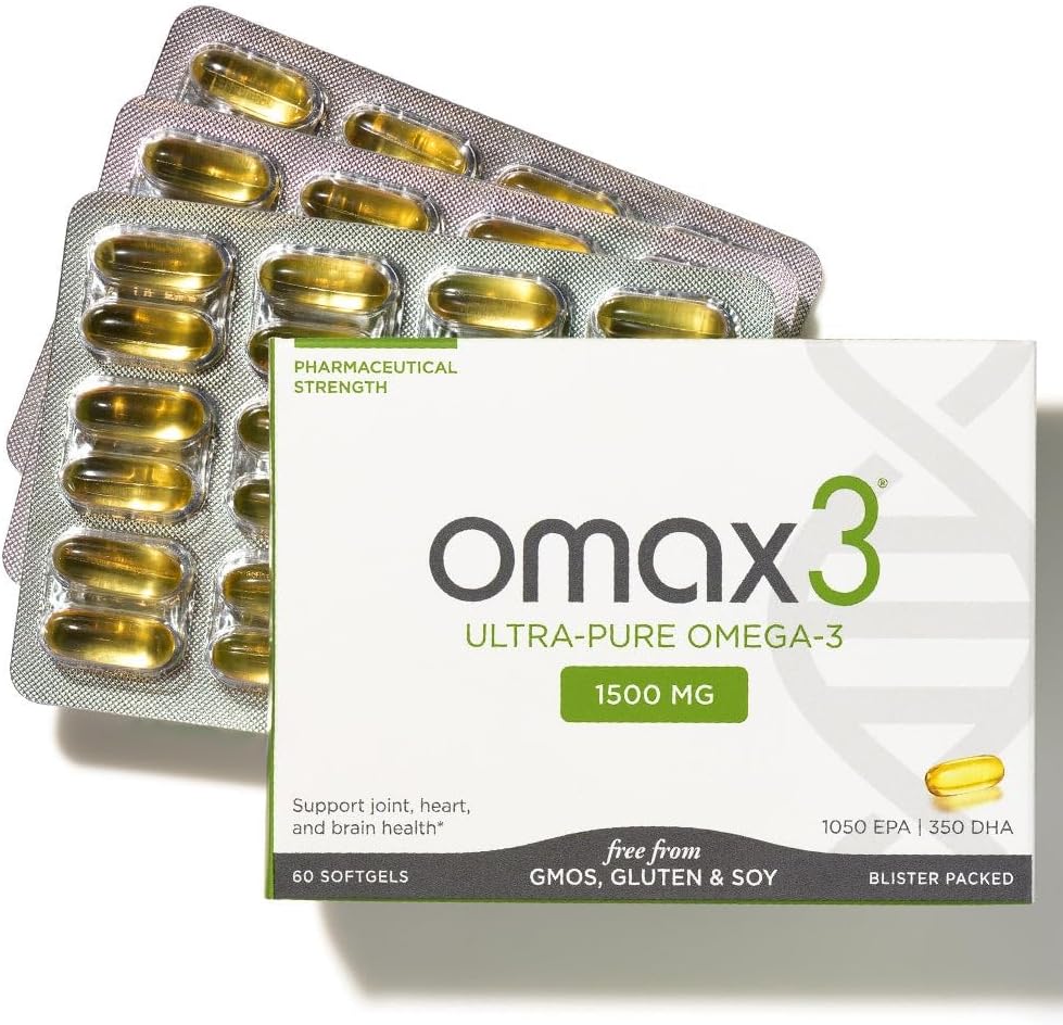 Omax3 Natural Omega 3 Píldoras de aceite de pescado 1500 MG EPA DHA - Omega3 Suplementos de ácidos grasos musculoso &amp; sin gluten, pesca salvaje, no GMO, 30 días de suministro de la ampolla empaquetado (1 caja)