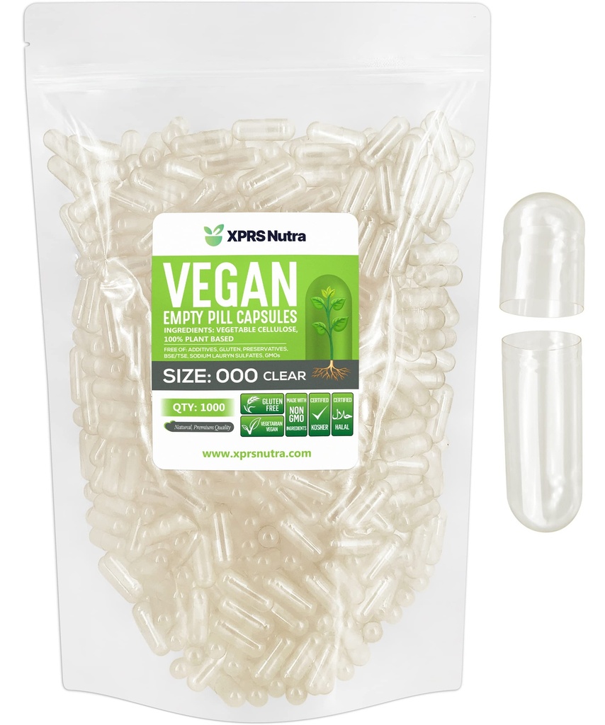 XPRS Nutra Vegan Size 000 Empty Capsules - 1000 Conde Clear Empty Vegan Capsules - Vegetariano - DIY Vegetable Capsule Filling - Veggie Pill Caps Pills
