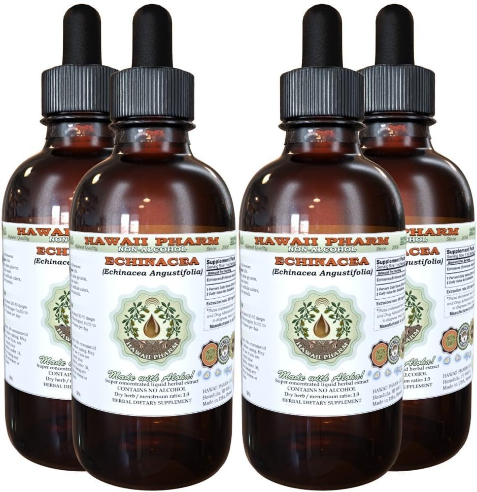 Echinacea Alcohol-Free Liquid Extract, Echinacea (Echinacea Angustifolia) Dried Root Glycerite Hawaii Pharm Natural Herbal Supplement 4x4 oz