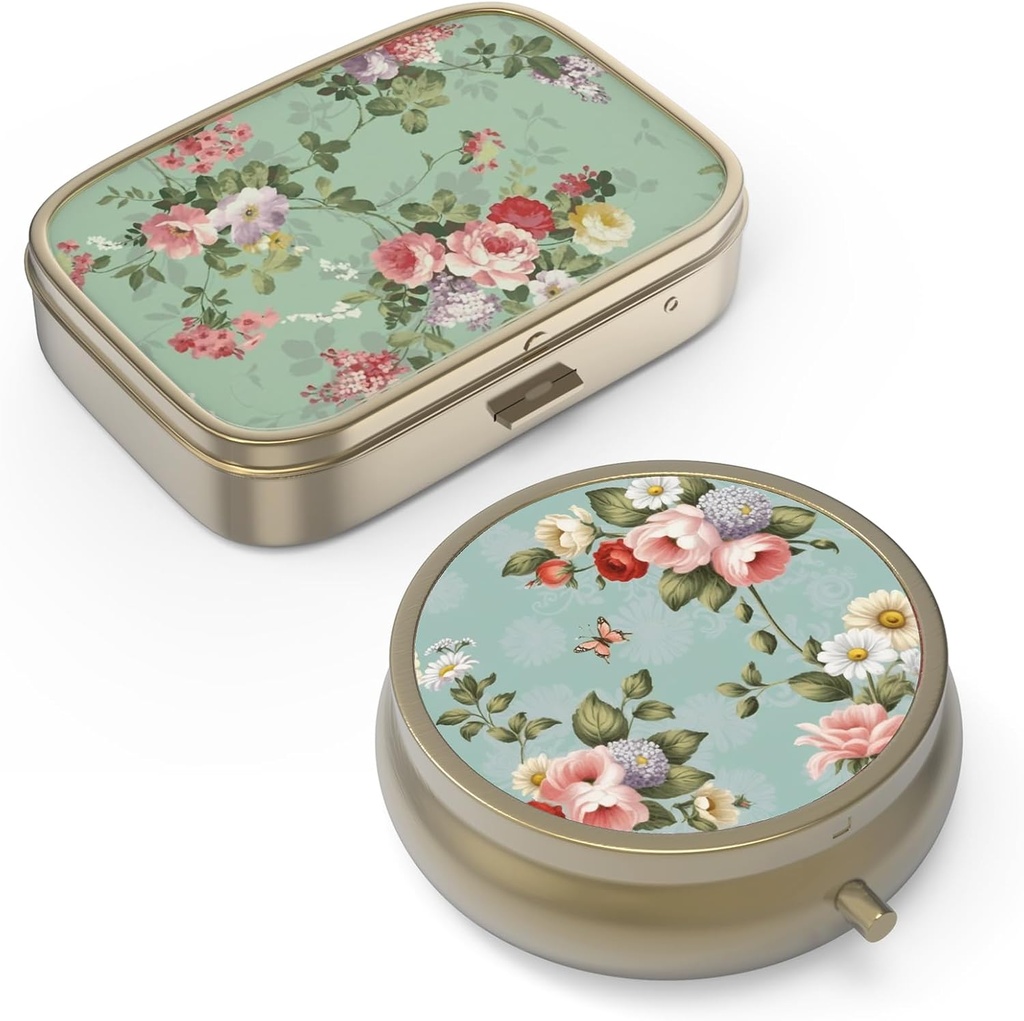 Pill Case Pill Box with Mirror Retro Small Pill Case for Purse or Pocket Bronze Pill Box or Vitamins, Fish Oil, Supplements, Pill Containe Travel Gifts（2PCS）