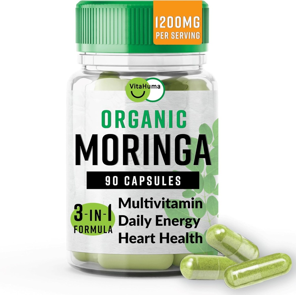 Orgánica Moringa, Antioxidante de Nutriente Apoyo con Vitamina C, A, E, Calcio, Potasio, Hierro, Magnesio, Proteína " Aminoácidos para Hidratación " Energía, Vegan, 1200 MG Por Serving, 90 TC