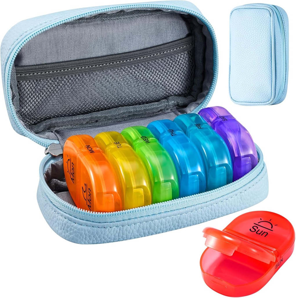 Serfeymi Organizador semanal de píldoras de viaje 2 veces al día AM Upgraded Rainbow Pill Box 7 Day with Portable Zipper PU Leather Pill Case, Medicine Organizer for Pills, Vitamins, Fish Oils - Blue 01