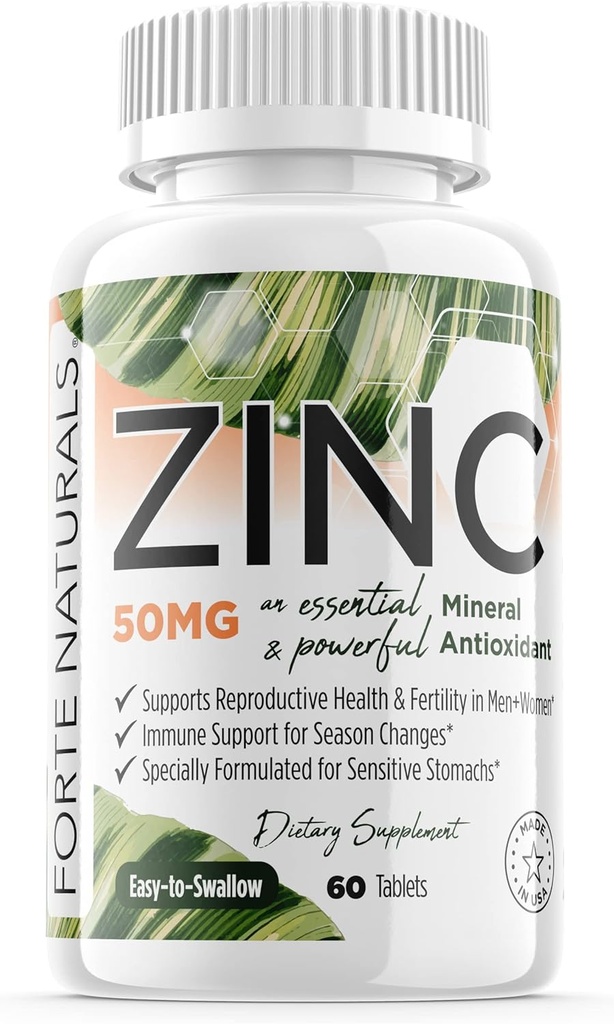 Zinc 50mg, (60 Tablets), Specially Formulated for Sensitive Stomach, Immune Support, Skin & Hair, Vegan Zinc Supplement, Non-GMO Made in USA