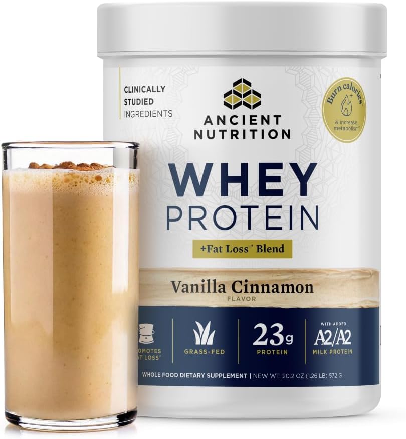Antiguo Grass de Nutrición Fed Whey Protein + Fat Loss Blend, Vanilla Cinnamon, 23g Protein, promueve la pérdida de grasa y el metabolismo más fuerte, orgánico Regenerativo A2/A2 Milk Protein,18 Servimientos